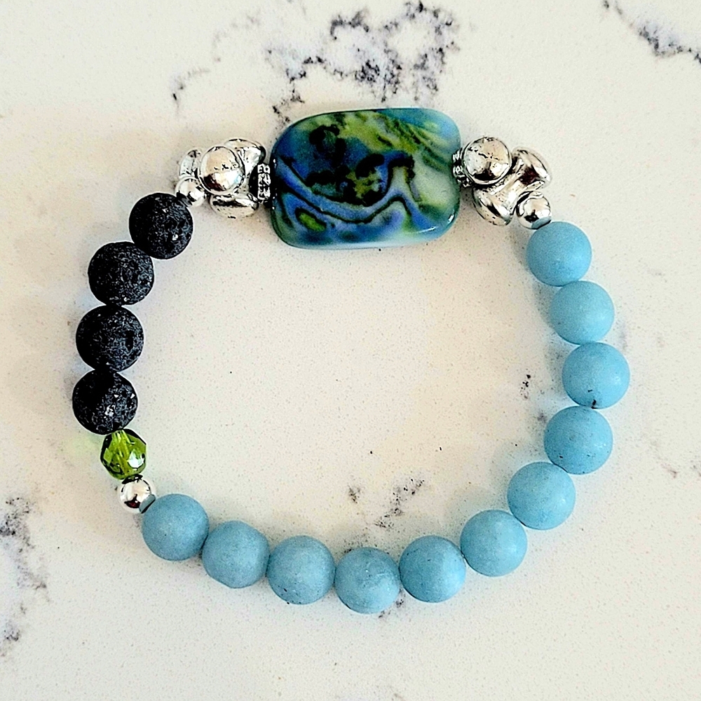 Hand Crafted Blue Aaqua Stone, Shell and Lava Rock Beaded Bracelet